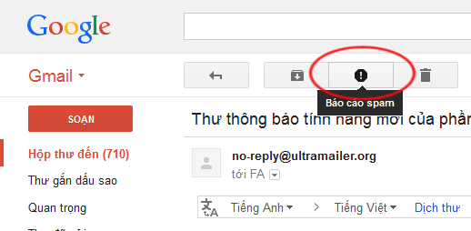 Nút report spam có trên hòm mail